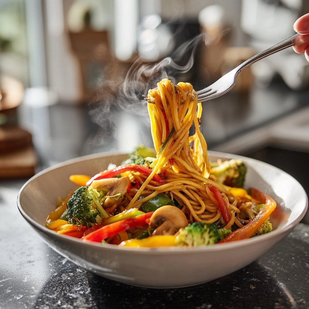 Mittagessen mit Gemüse und Nudeln