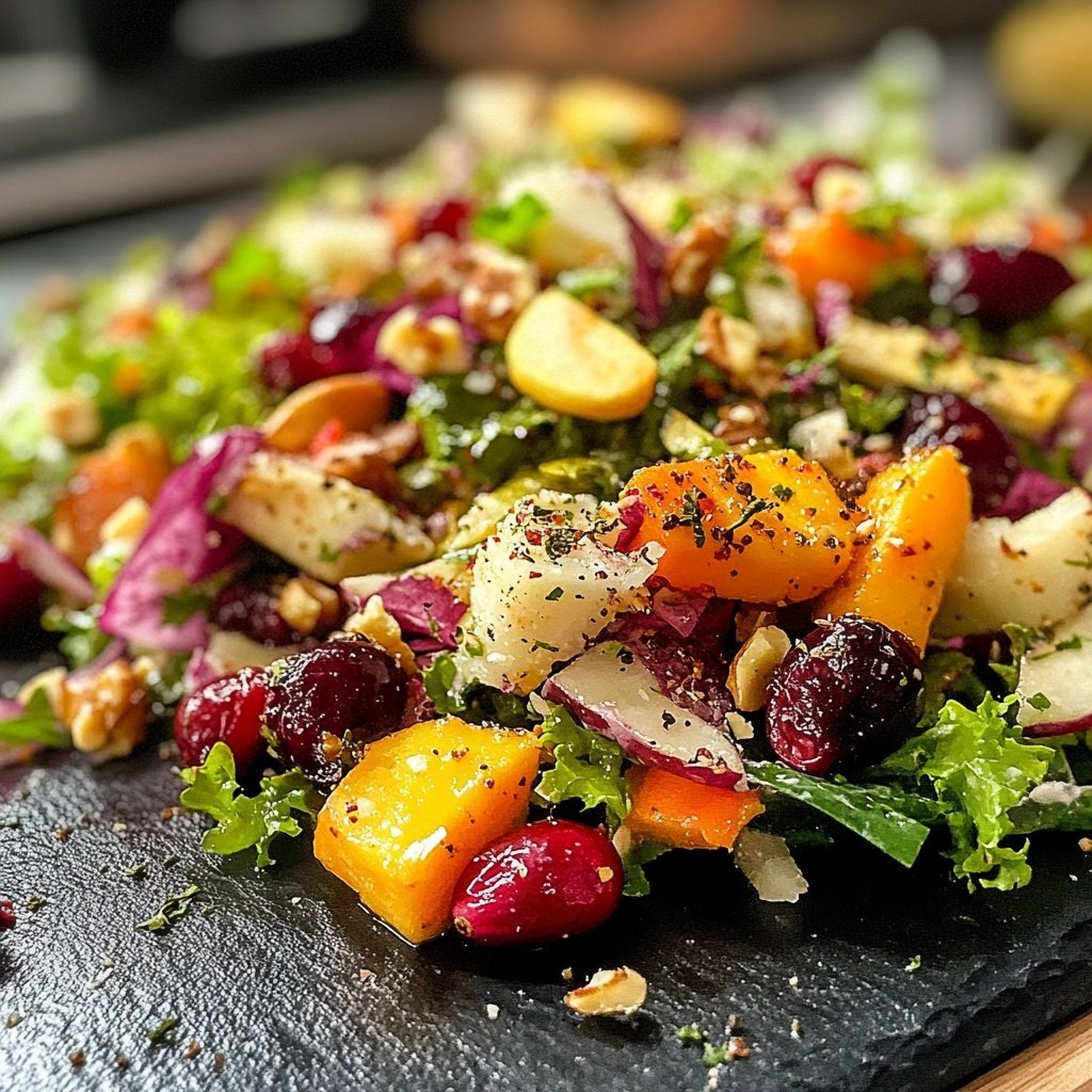 Wintersalat mit Butternutkürbis, Rosenkohl, Cranberries, Pekannüssen und Roter Bete