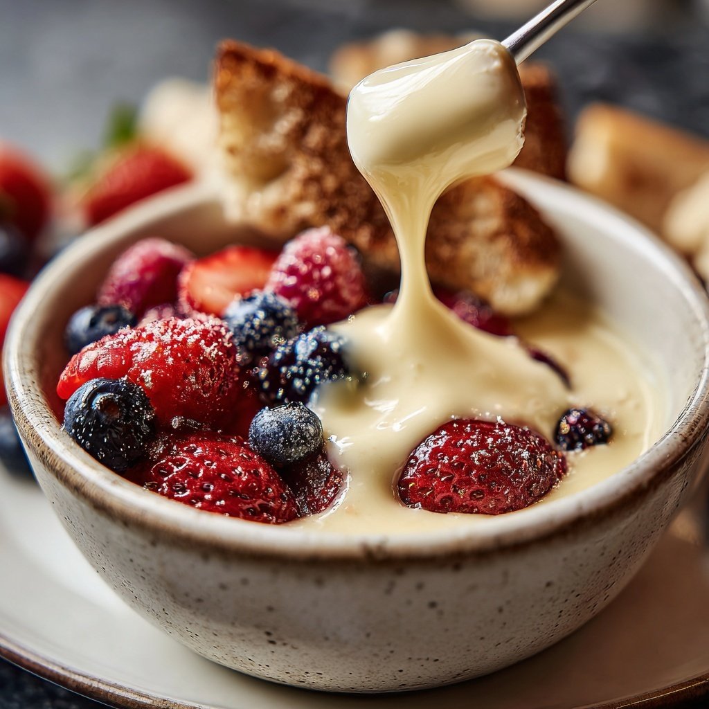 Fondue mit weißer Schokolade und Beeren