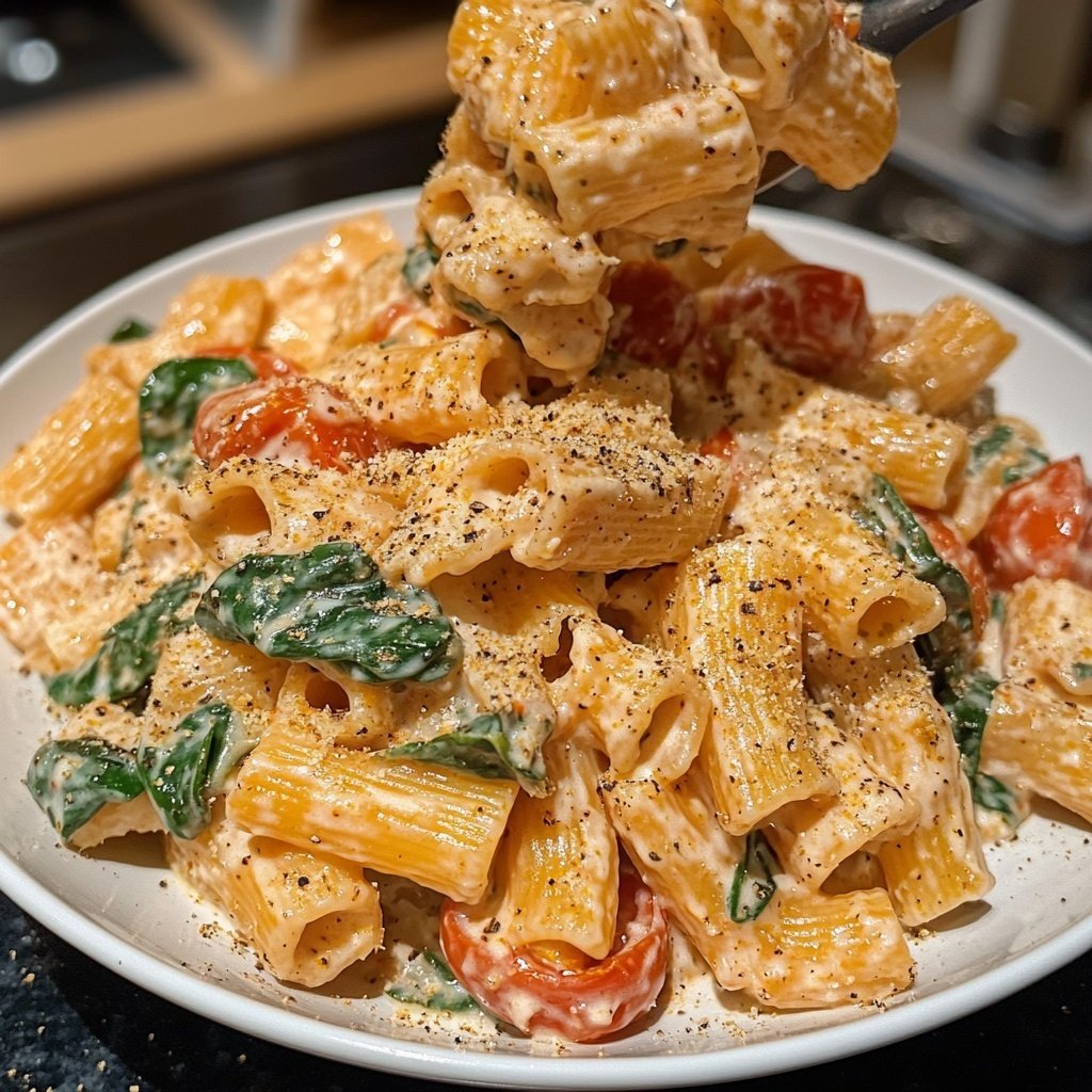 One-Pot Pasta mit Tomaten & Spinat