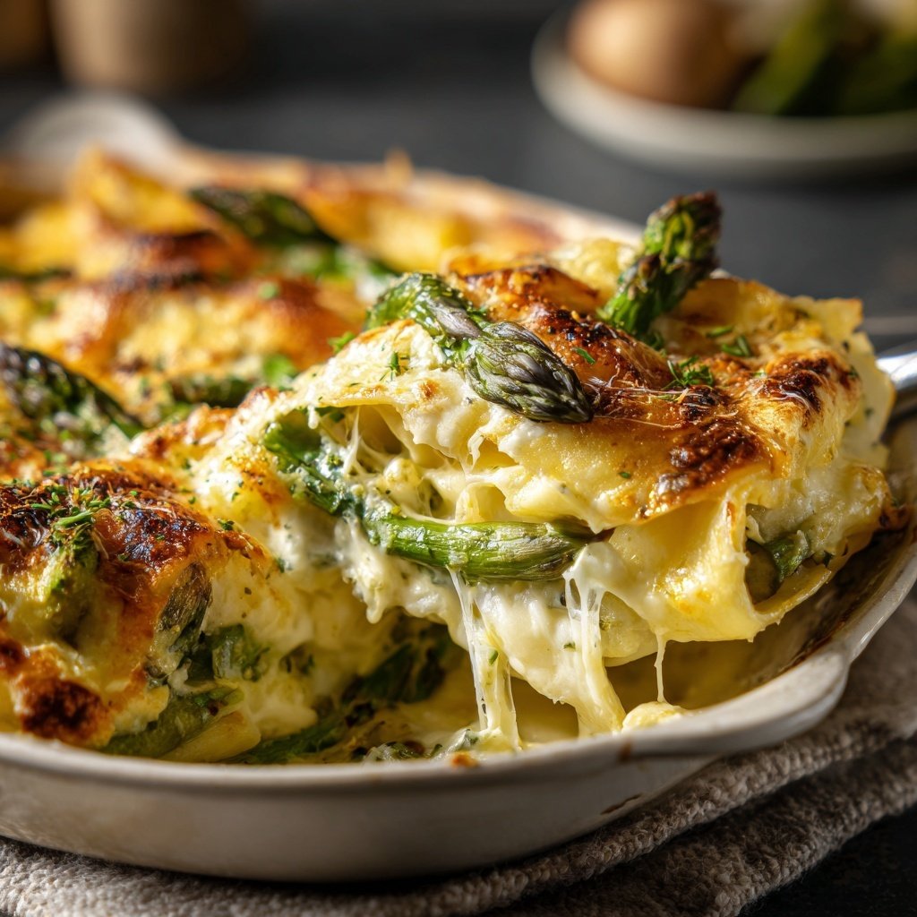 Vegetarischer Nudelauflauf mit grünem Spargel